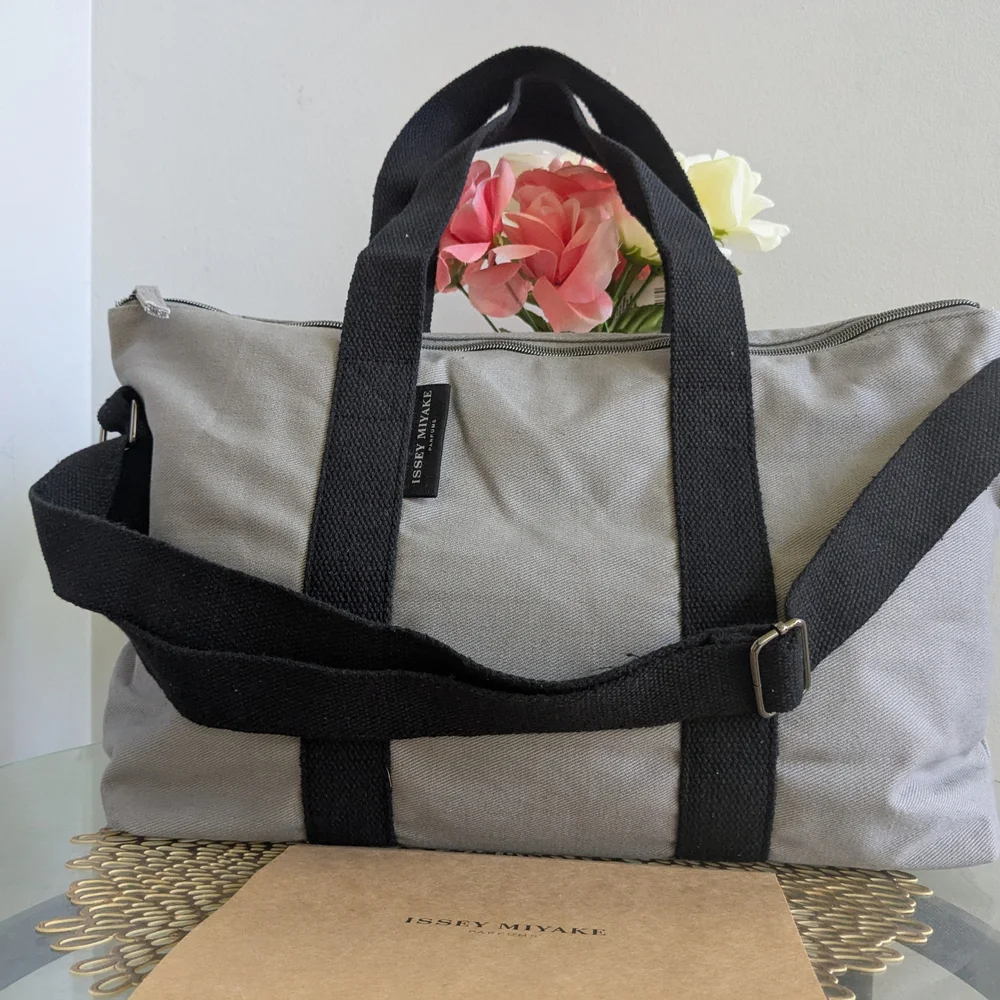 Issey Miyake Gray Duffel Bag with Black Straps